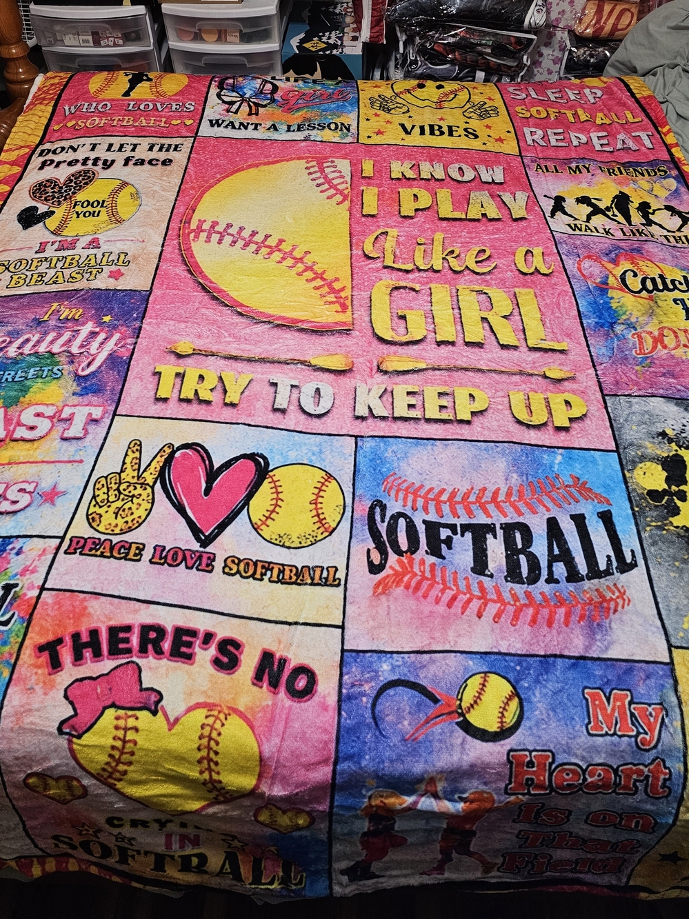 Softball-Themed Plush Throw Blanket - Pink Yellow Multicolor